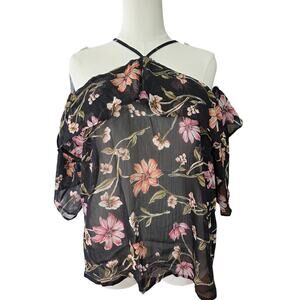 Floral Cold Shoulder Blouse 2X Junior Plus Sheer Halter Neck Top Black NWT